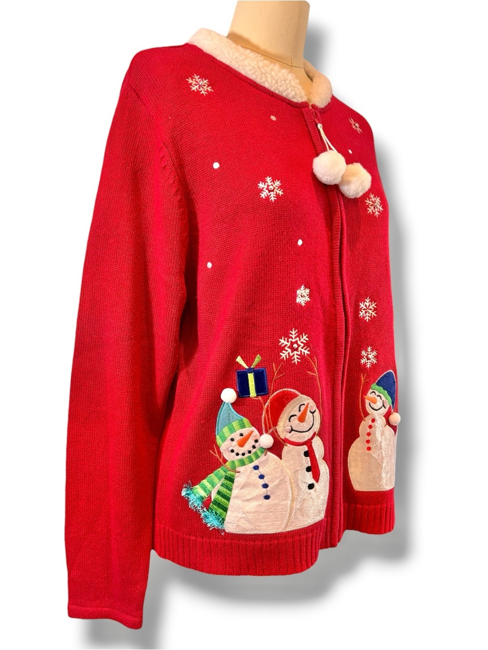 Ugly Christmas Sweater Classic Elements Red Zip Cardigan Snowmen Women’s Sz L - Picture 3 of 10